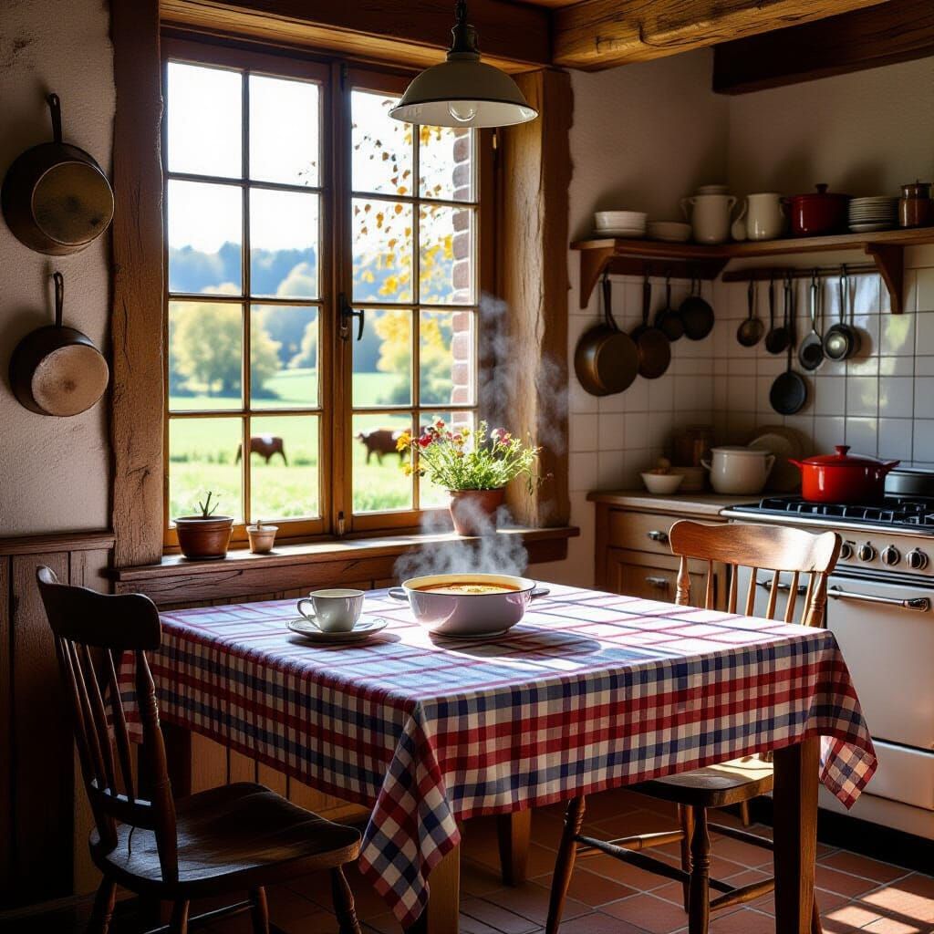 Charming Country Kitchen with Rustic Table and Village View