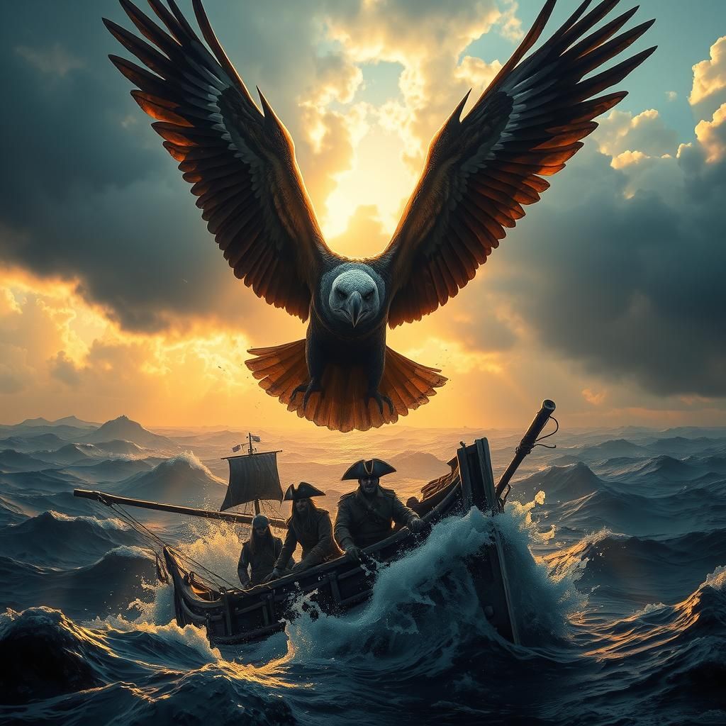 Majestic Eagle Attacks Pirates on Stormy Sea