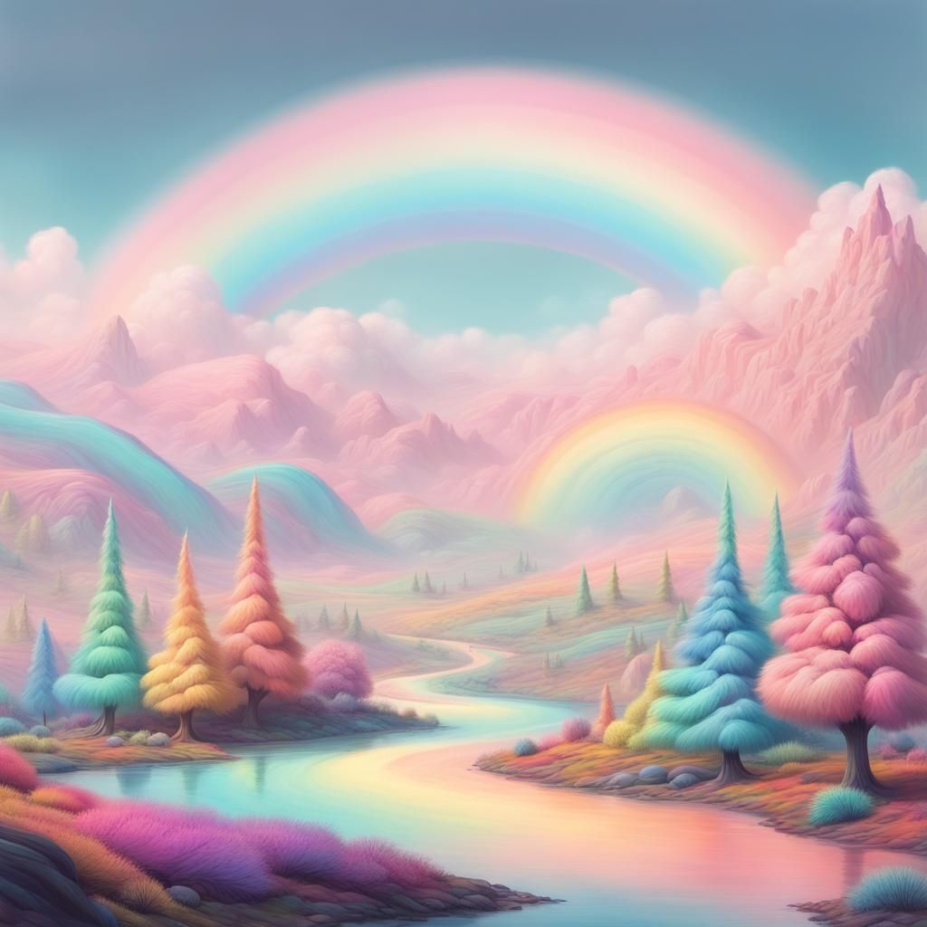 Whimsical Rainbow Landscape in Pastel Colors