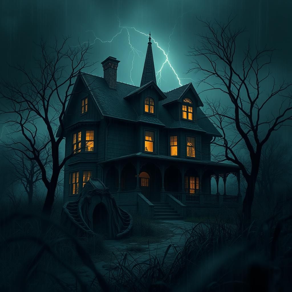 Photorealistic Haunted House at Night with Lightning