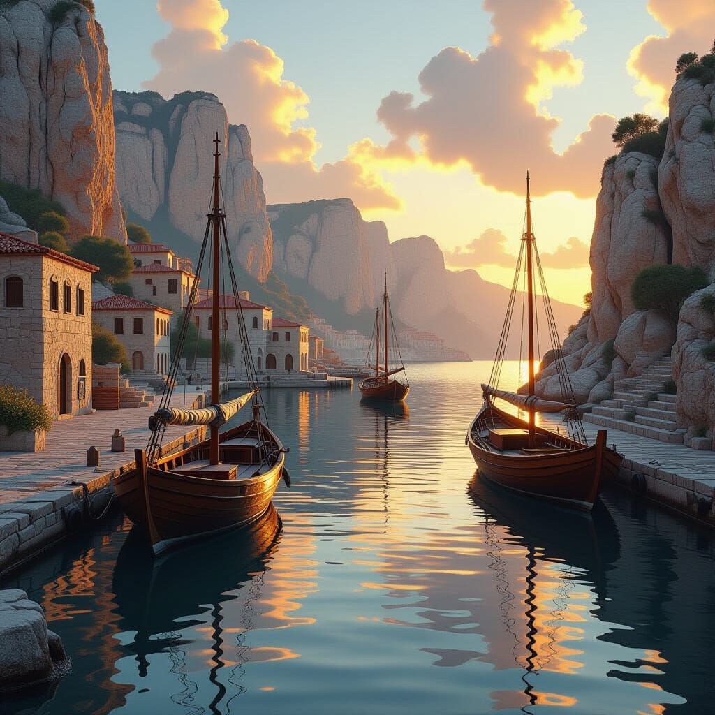 Ancient Mediterranean Harbor at Golden Hour