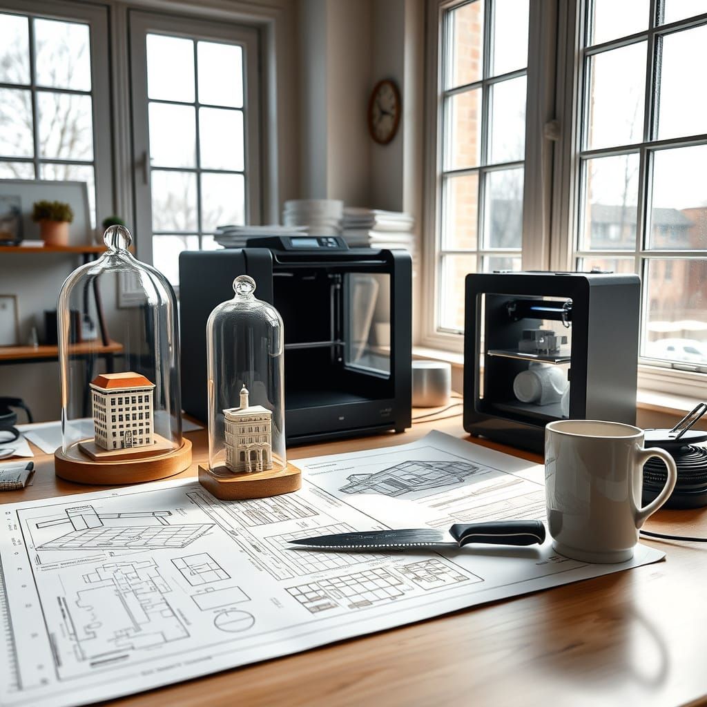 Architect's Workspace with Scale Models and Blueprints