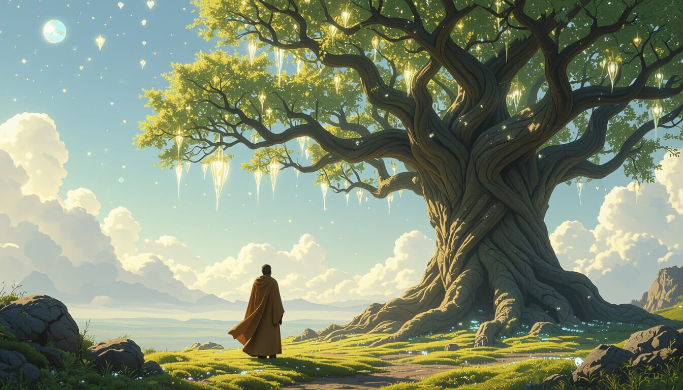 Wanderer and Ancient Tree on Alien Planet