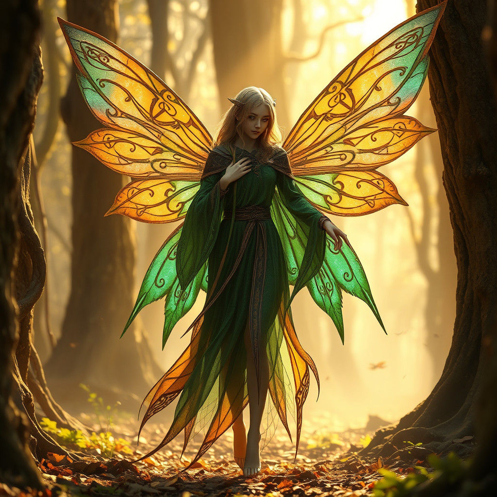 Winged Fairy Mage in Mystical Forest
