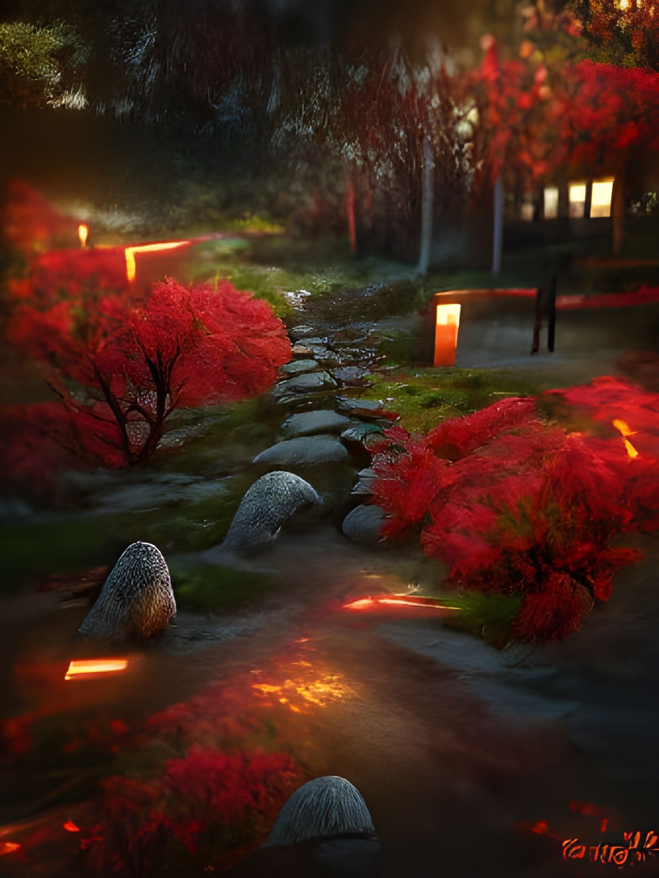 Red plants along a lantern-lit path