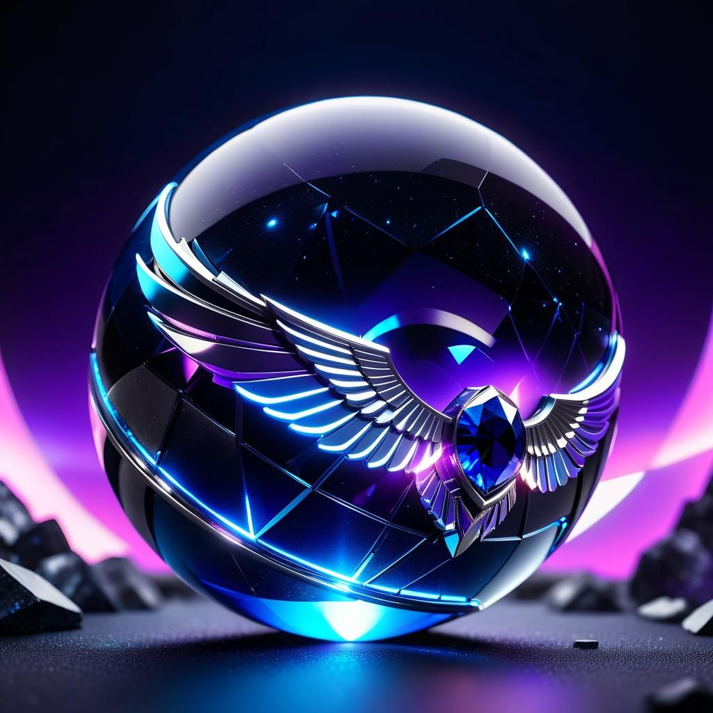 Glowing Sapphire Energy Sphere with Angel Wings