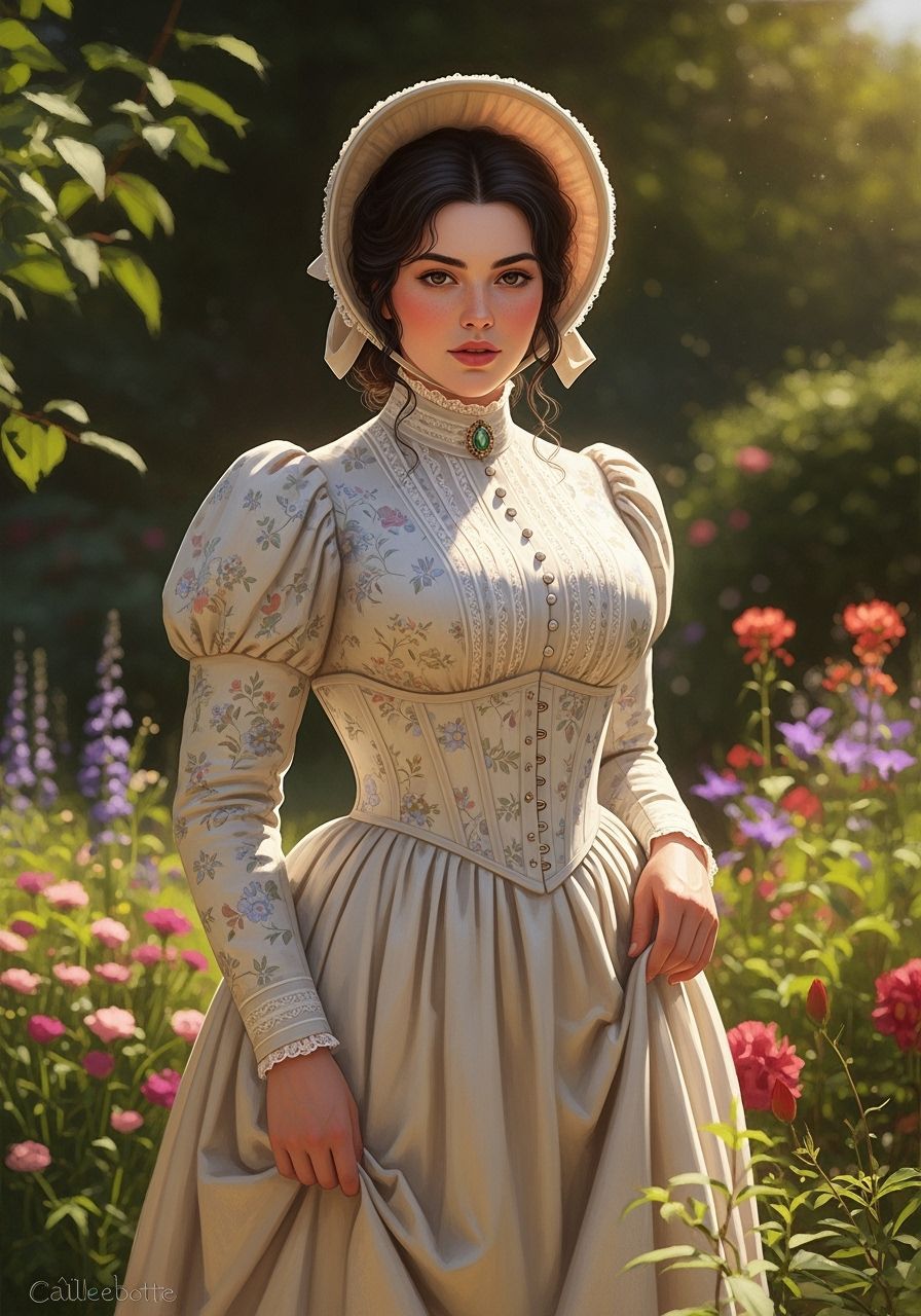 Victorian Woman in Lush Garden, 1870s Calico Dress