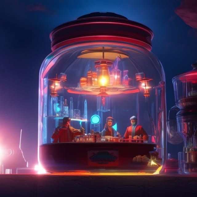 Nighttime Cafe Inside Glass Jar: Cosmic Concept Art