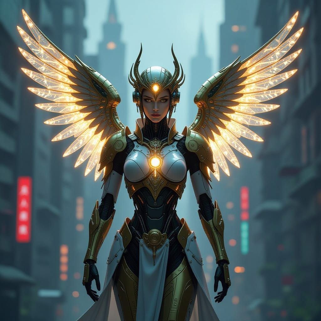 Cyborg Angel in Futuristic Metropolis