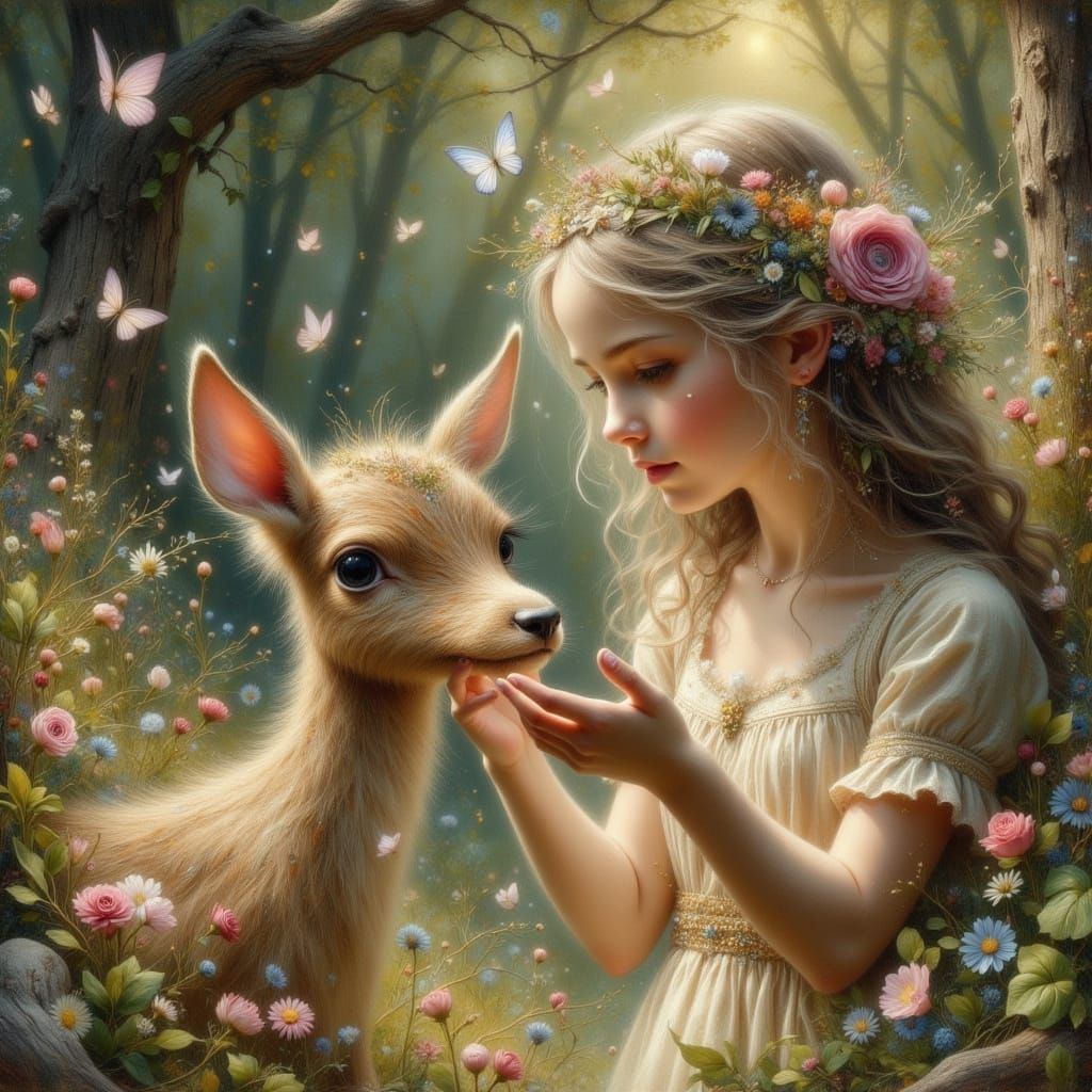 Dreamy Girl Caressing Invisible Fawn in Magical Atmosphere