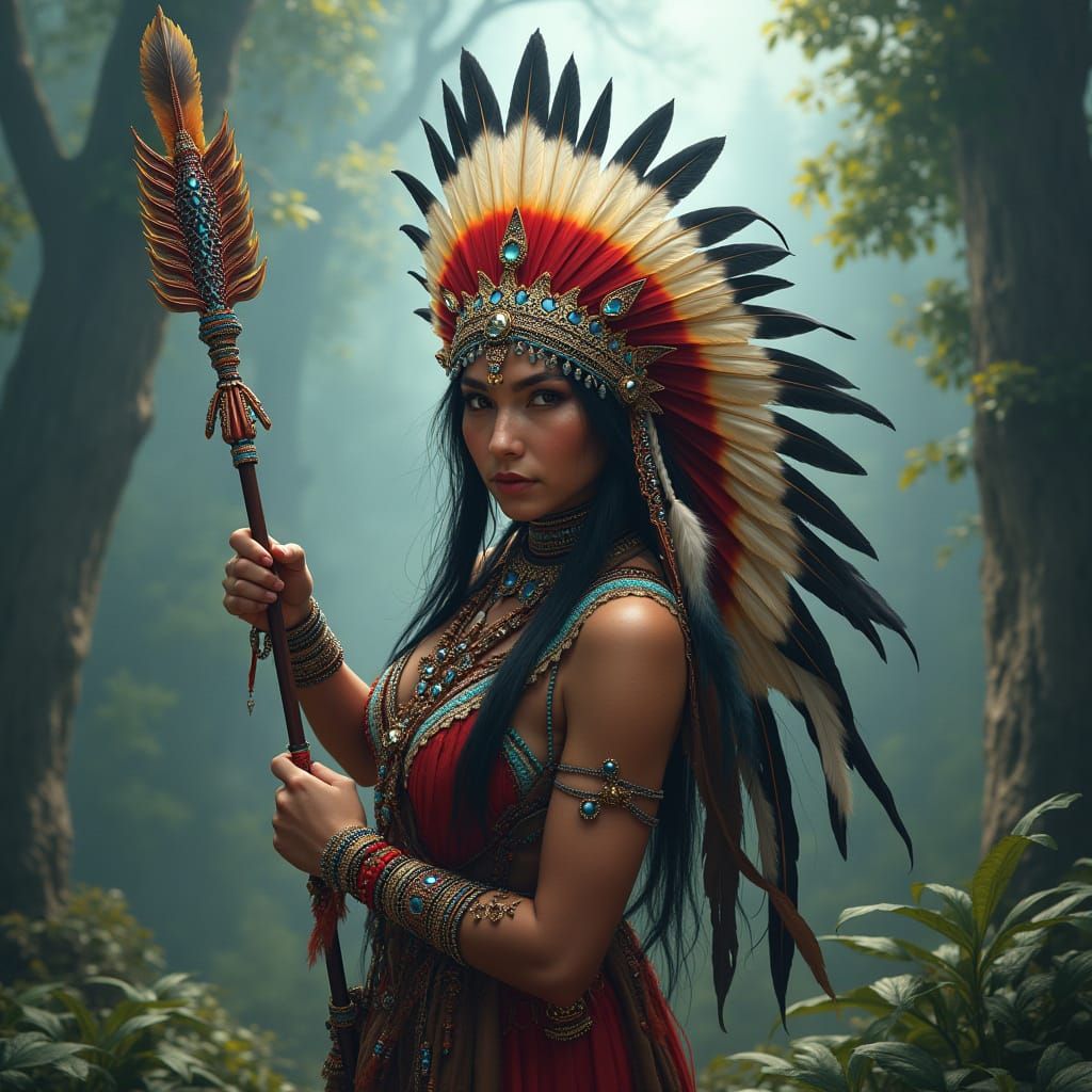 Regal Native American Warrior in Vibrant, Misty Forest