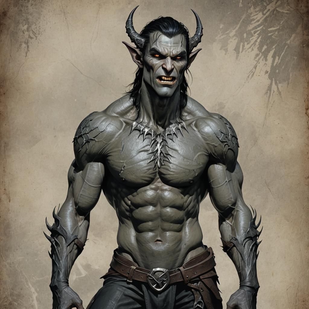 A towering figure, 6'8", with grey, stone-like skin and a muscular, athletic build. His body is covered in scars, with a...