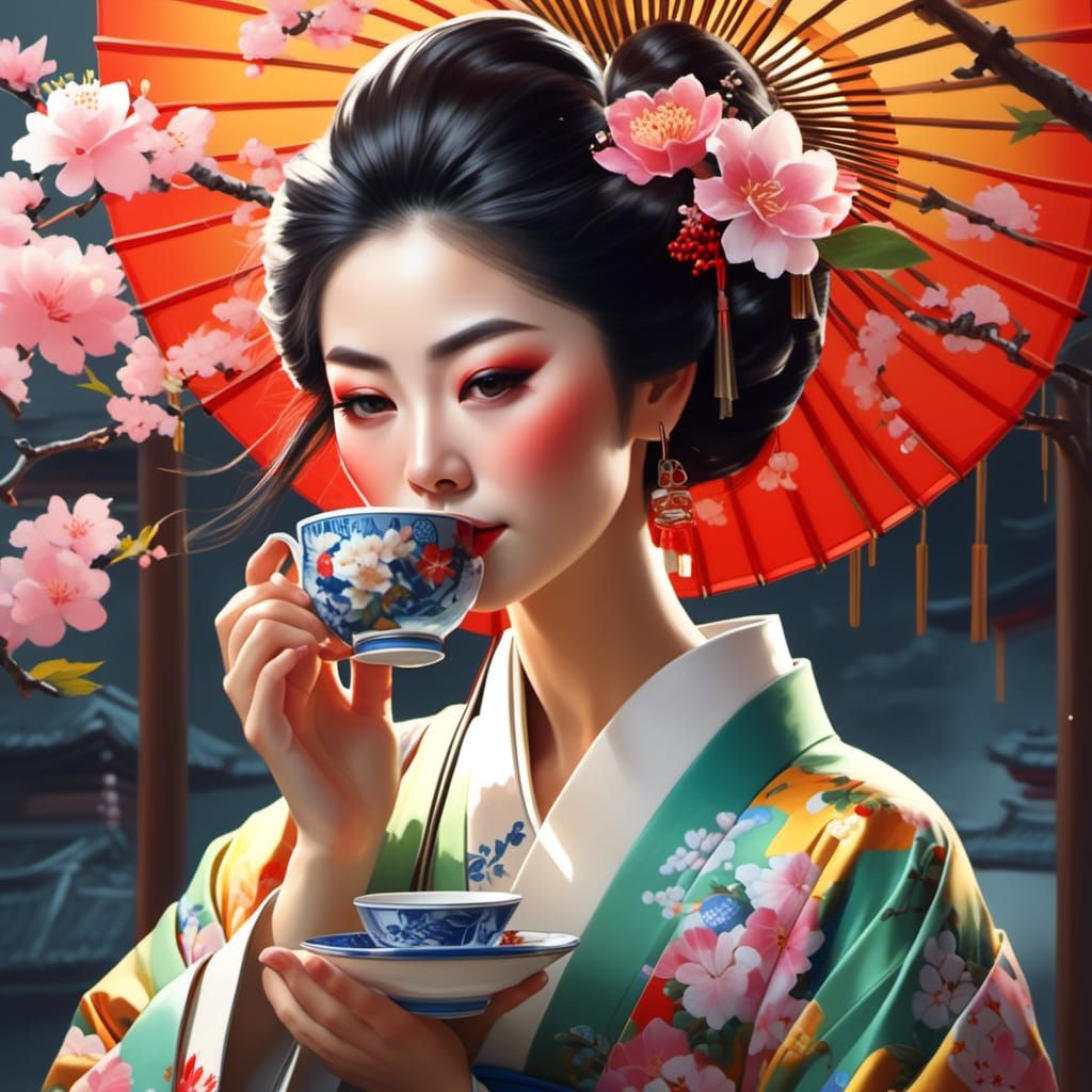 Japanese Woman Drinking Tea in Hyperrealistic Style