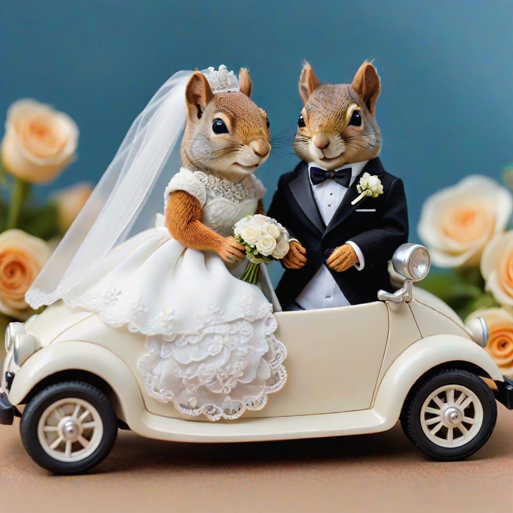 Surreal Squirrel Wedding Couple in Miniature Car