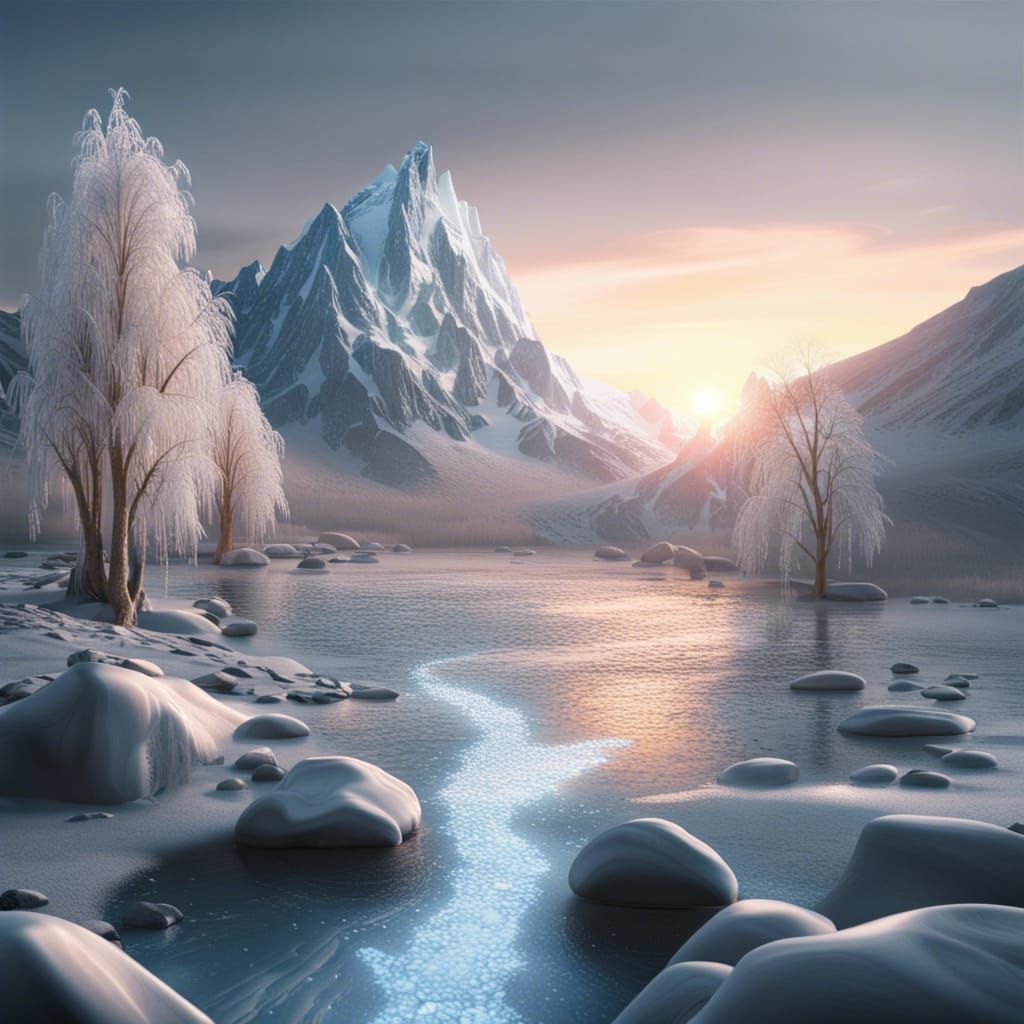 Magical Frozen River Sunset in Mountains