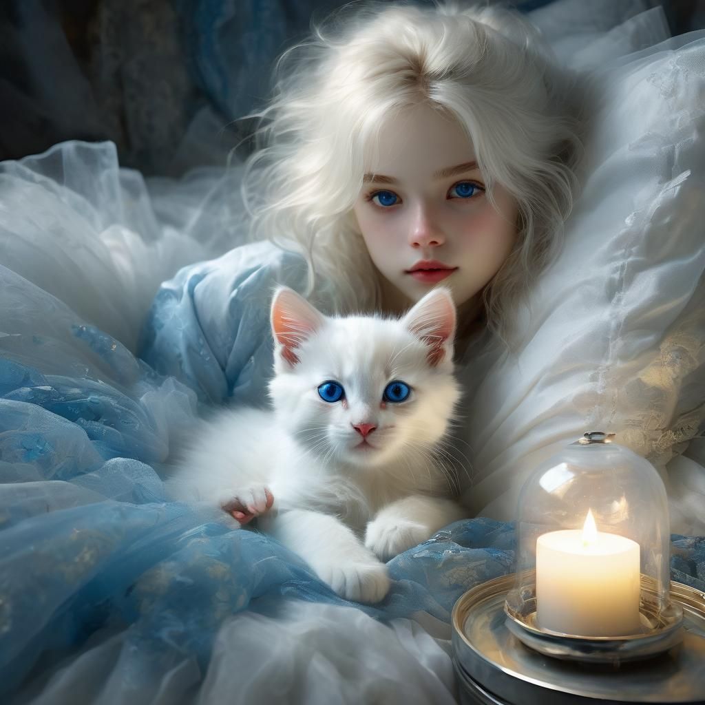 Beautiful White Kitten Portrait in Fine Art Style