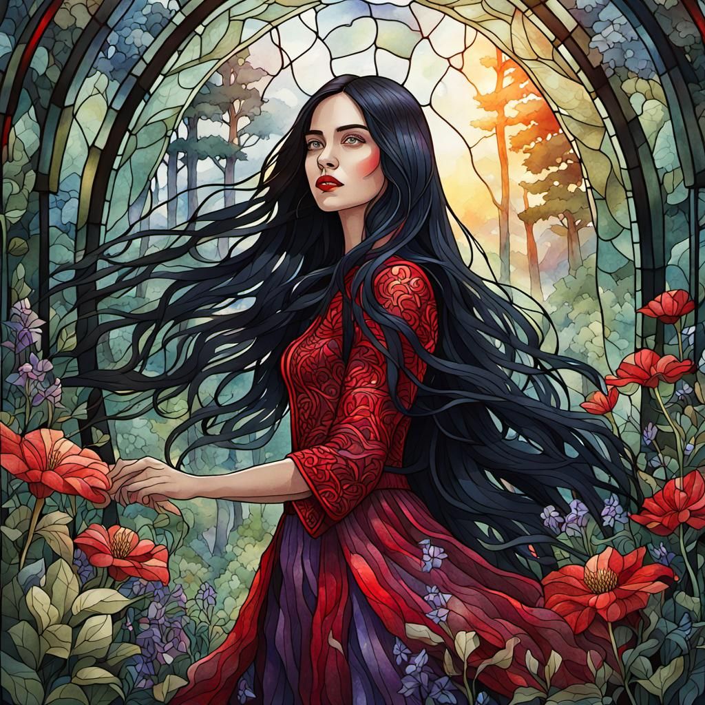 Stained Glass Woman in Forest, Watercolor Illustration