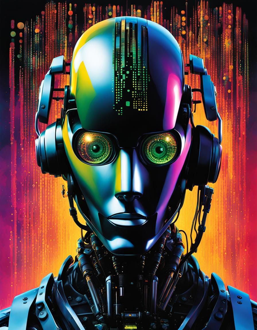 "robot with matrix numbers passing through his head,side view portrait! silhouette with!! double exposure effect! ! Supe...