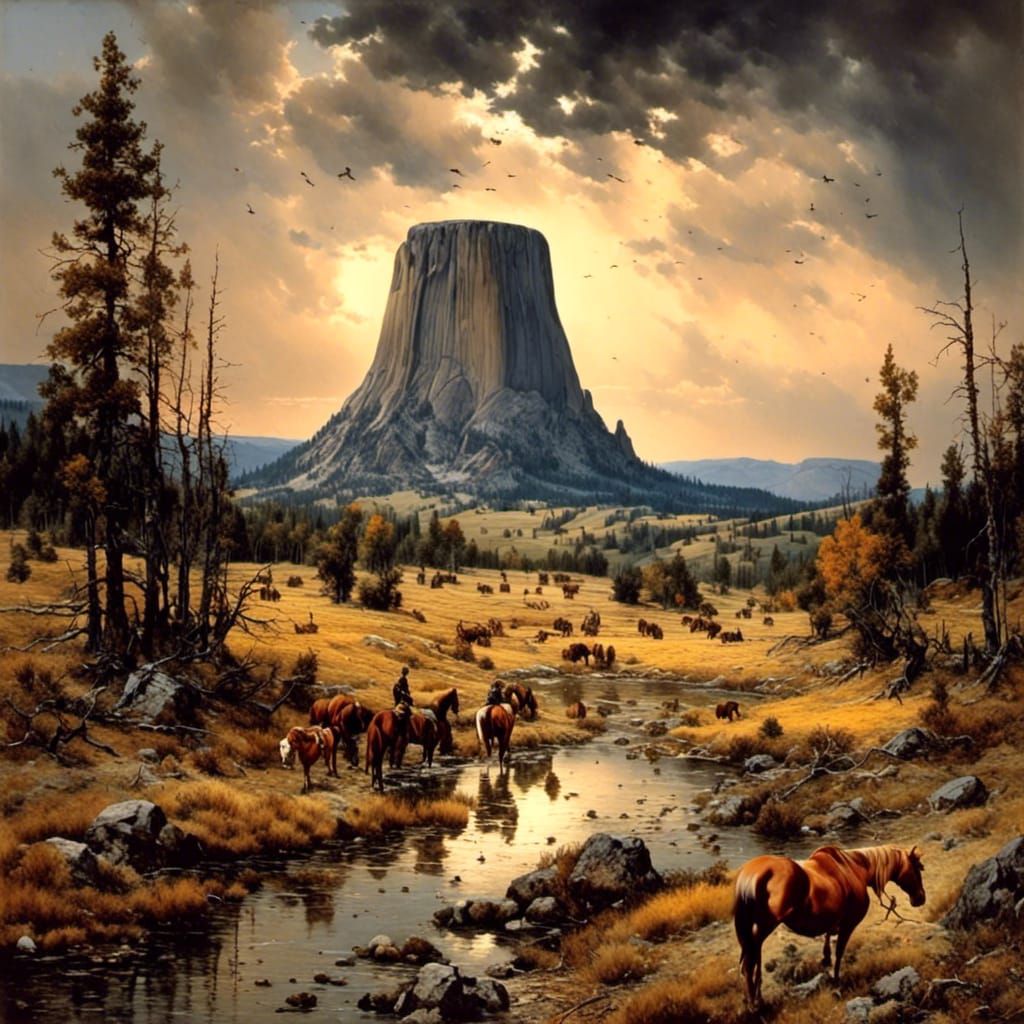 Wild Horses at Devils Tower: Bruegel-Inspired Painting