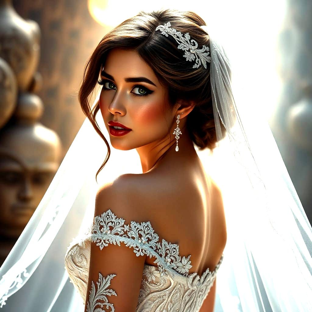 Stunning Woman in Chantilly Lace Wedding Dress and Veil in F...