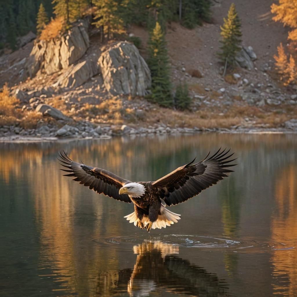 Majestic Eagle Soaring Over Mountain Lake