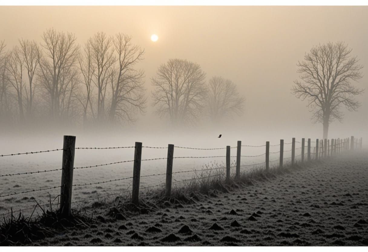 Misty Fence Posts with Perched Birds
