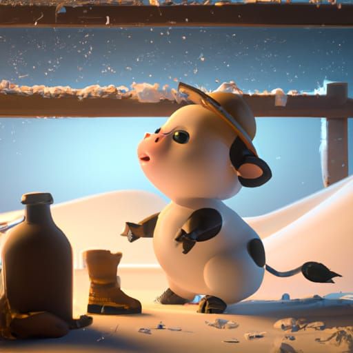 Baby Cow Makes Snowman: Ghibli Anime Style