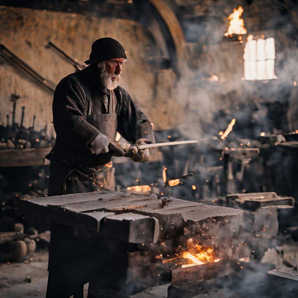 Medieval Blacksmith at Work in a Stone Forge