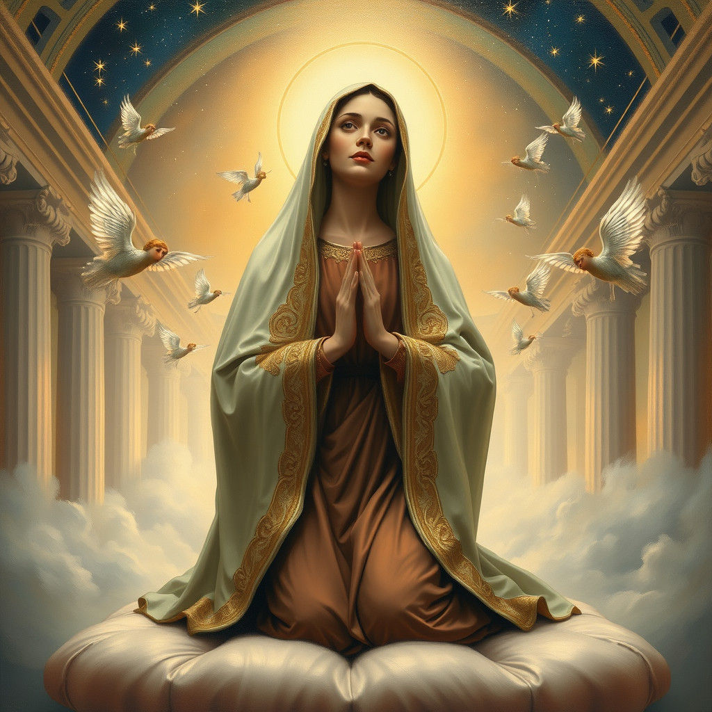 Ethereal Virgin Mary in Elegant Robes, Surrounded by Gentle...