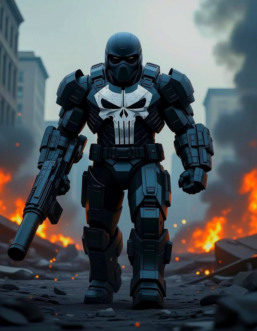 Punisher in Hulkbuster Armor with RPG in Destroyed City
