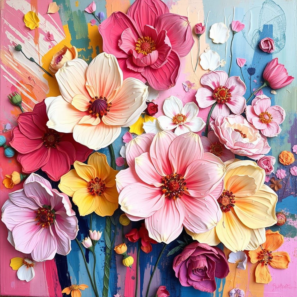 Abstract Impasto Flowers in Pastel Colors