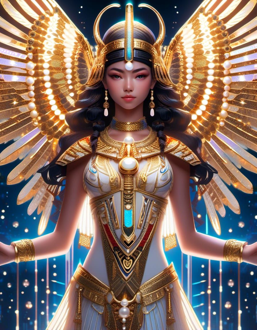 Anime mythical Egyptian with spreading (winged) arms with glowing glittery intricate sparkly transparent wings, symmetri...
