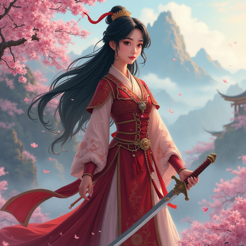 Mulan in Traditional Chinese Armor, Whimsical Landscape