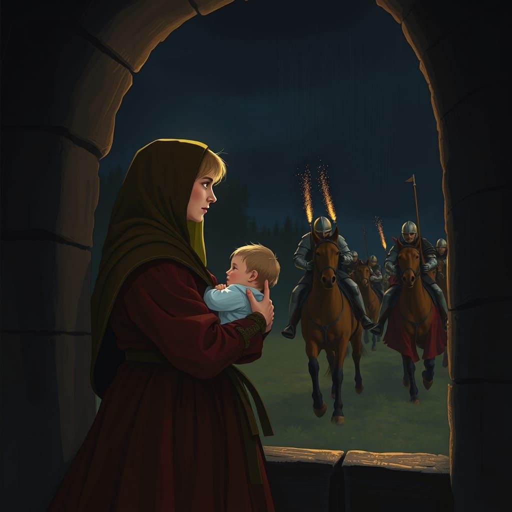Medieval Mother Watches Armored Horsemen at Night