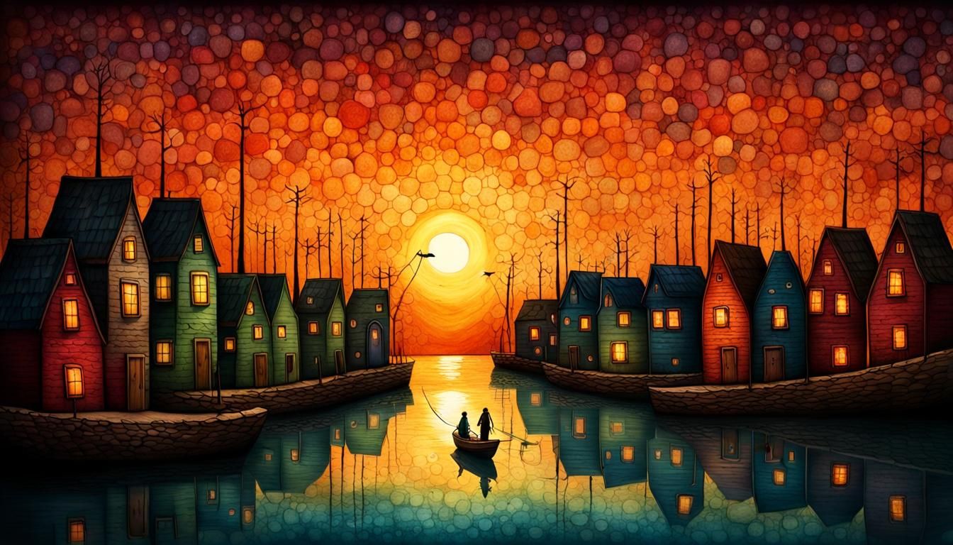 Dreamlike Sunrise Over Fishing Village