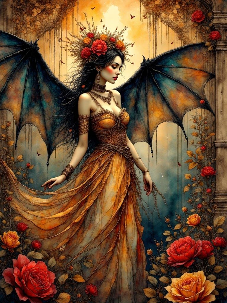 Regal Dark Fairy with Dragon Wings and Autumn Leaves