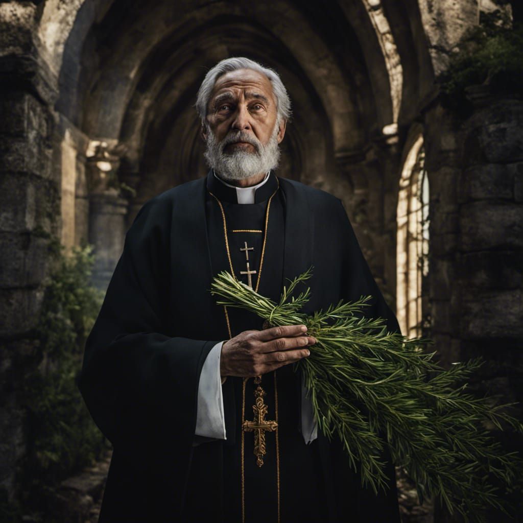 Scarred Vicar Portrait in Thundery Churchyard, Unreal Engine...