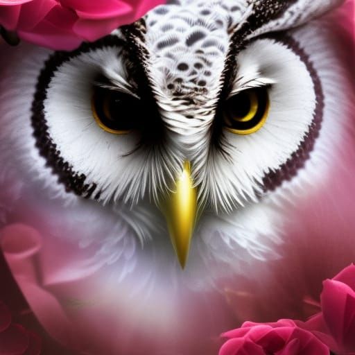 White Owl Among Roses in Digital Painting Style