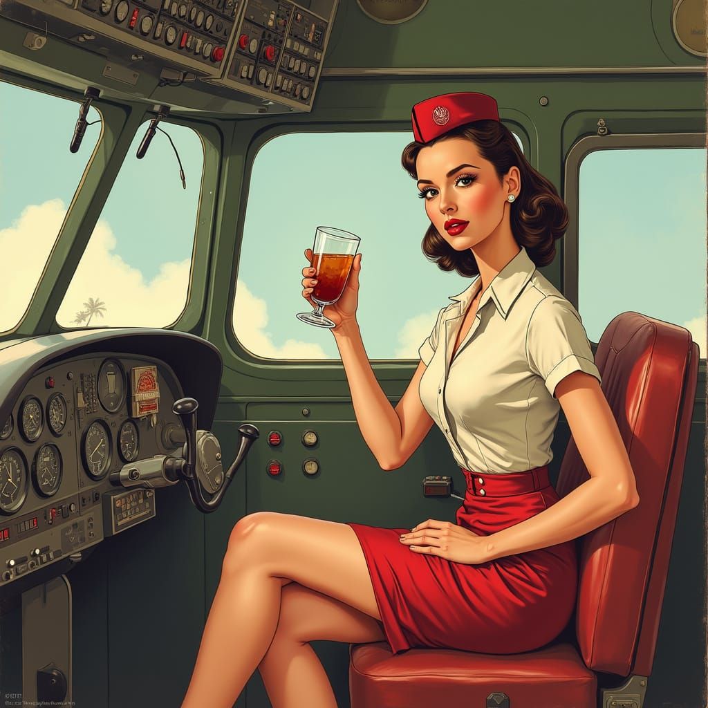 Vintage Pinup Flight Attendant in 1950s Comic Book Style