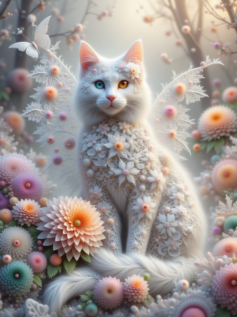 Whimsical Fractal Landscape with White Cat and Butterflies