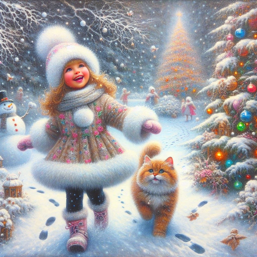 Charming Winter Wonderland Oil Painting of Girl with Cat Nea...