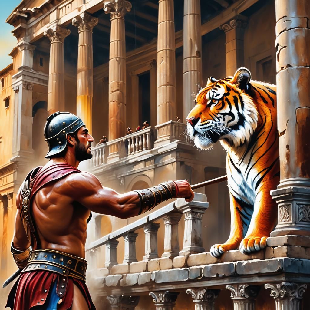 Gladiator versus Tiger in Coliseum, Melting Oil Canvas