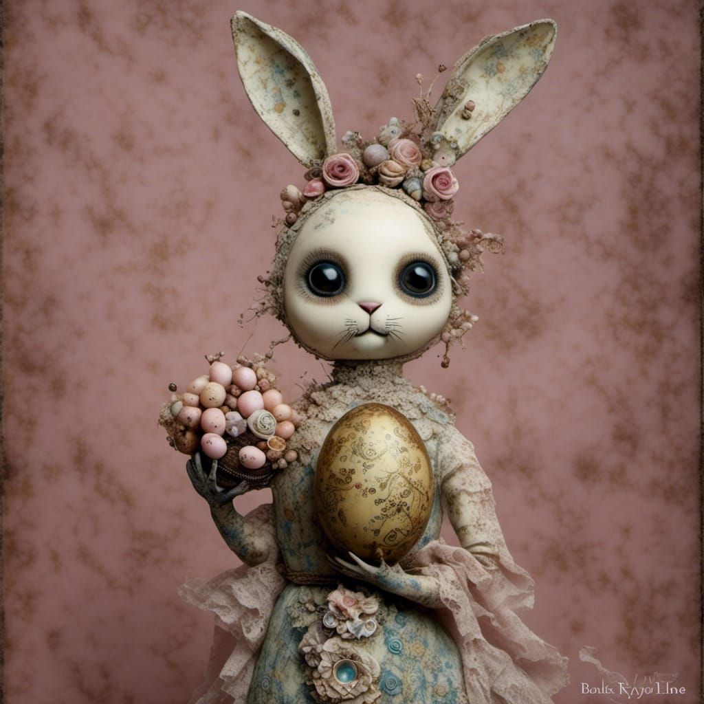 Creepy Easter Rabbit Doll with Broken Egg