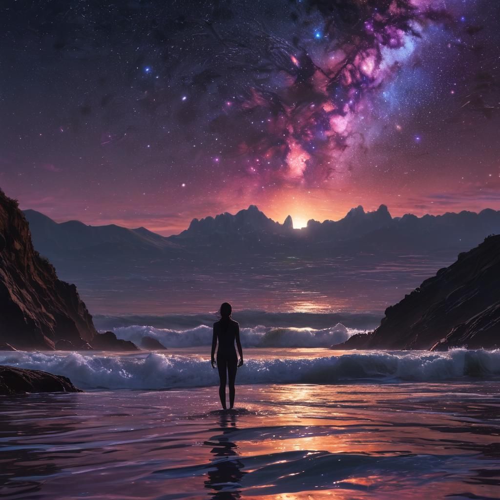 Hyperrealistic Figure Gazing at Starry Sky