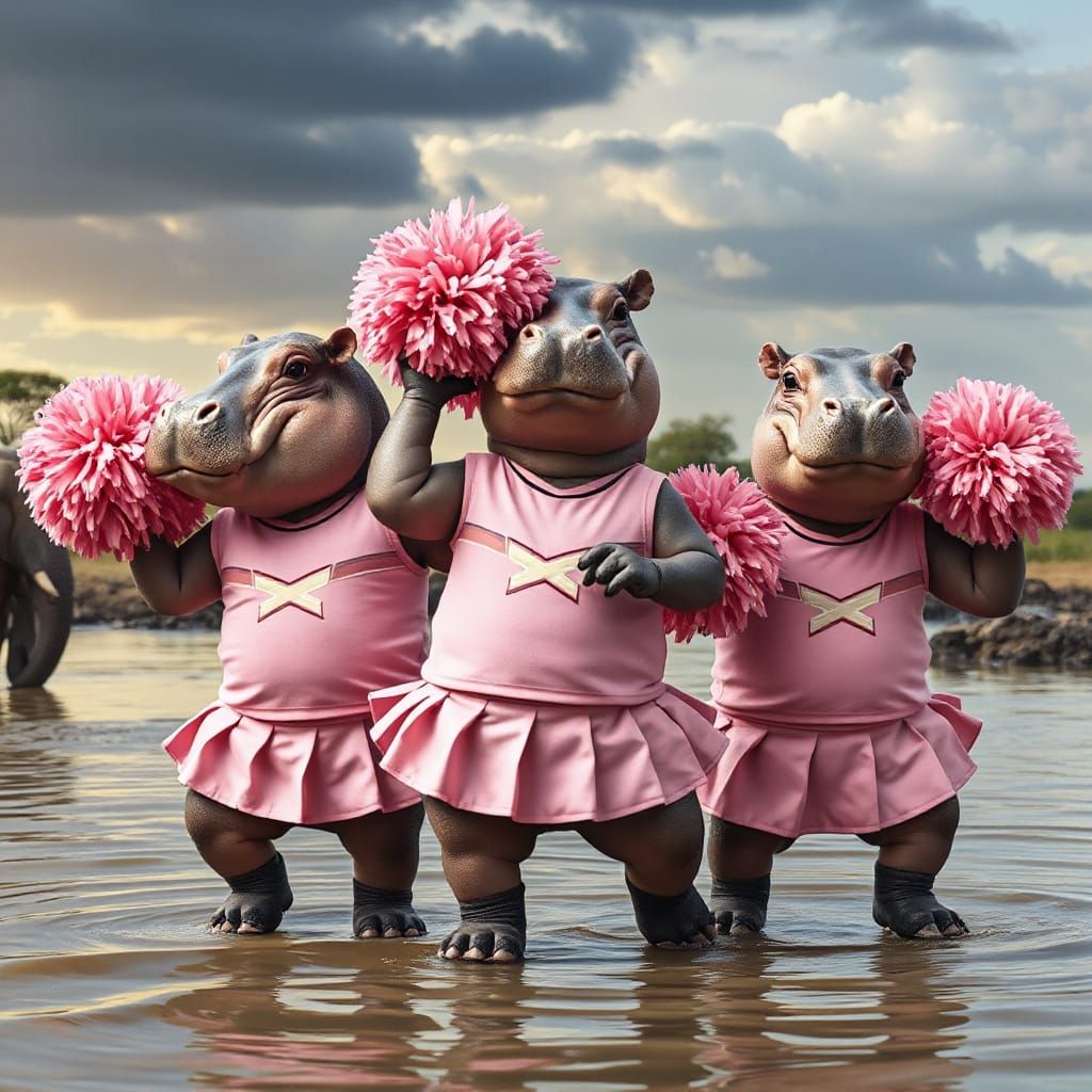 Hippo Cheerleaders Perform in African Savanna, Splash Art