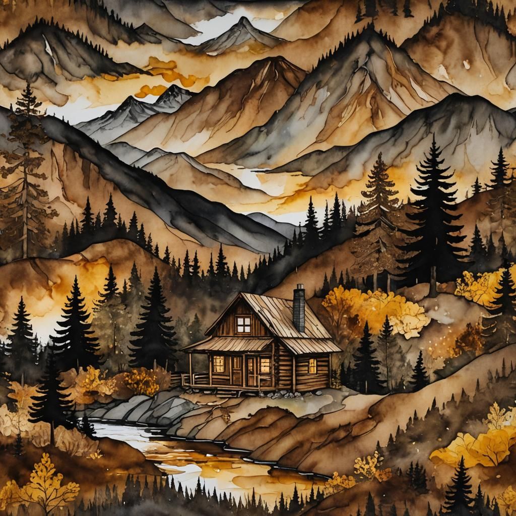 Mountain Cabin in Alcohol Ink Style