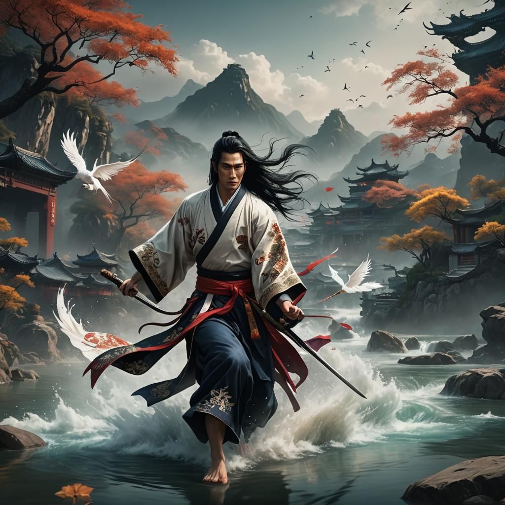 Man Flying on Sword over Mystical River