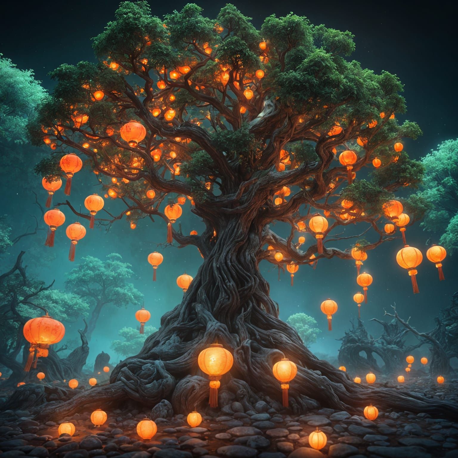Vibrant Chinese Lantern Tree in Neon Fantasy