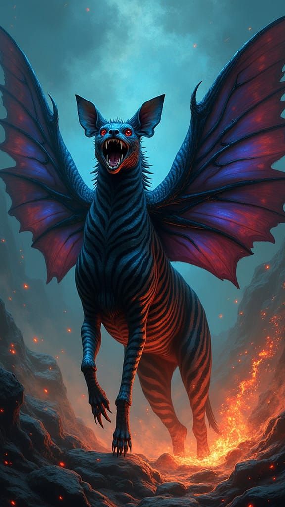 Mythical Hyena-Zebra Hybrid Phoenix with Wings of Dark Blues...
