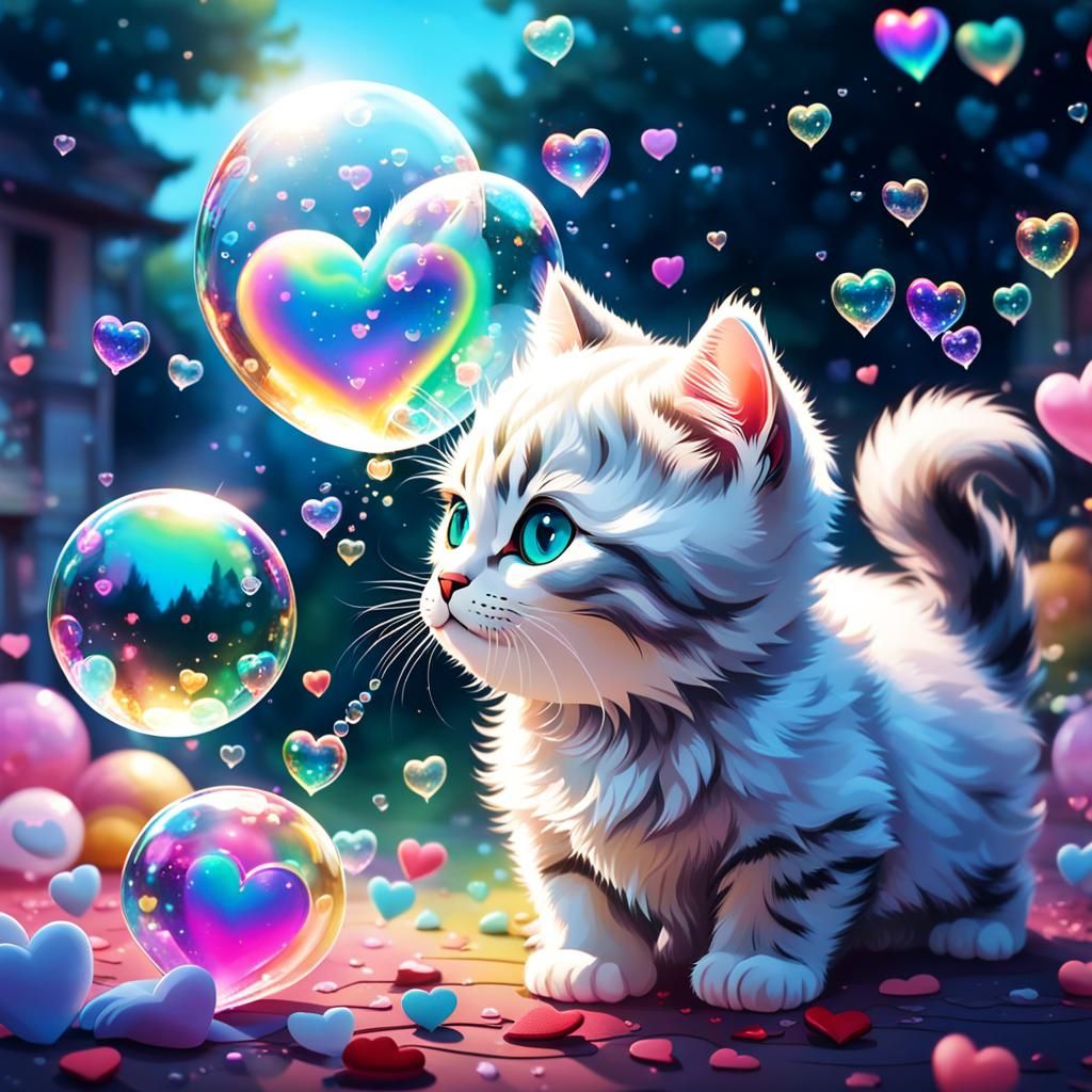 Kittens' Valentine Bubble Party in Hyperdetailed Style